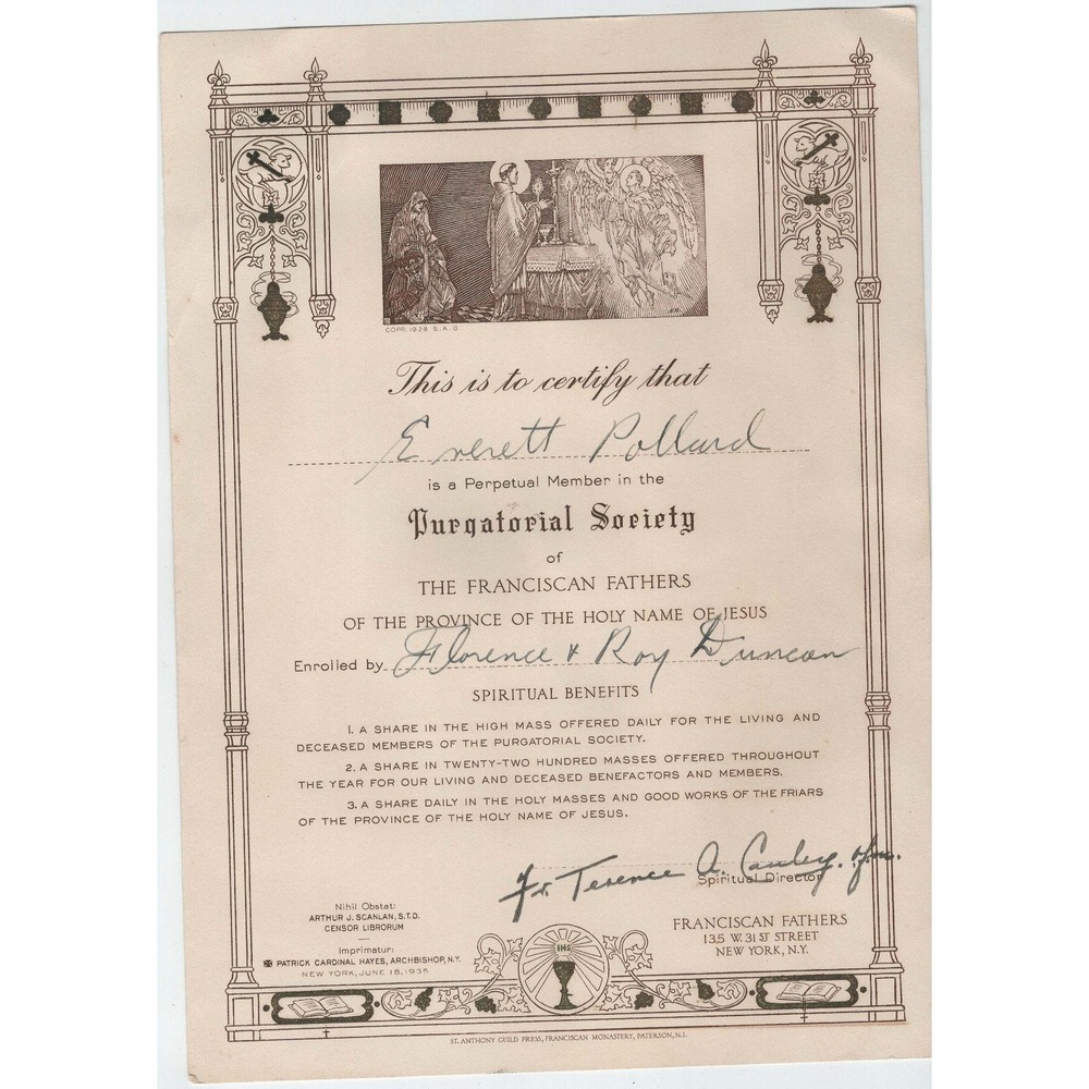 1935 Franciscan Fathers Purgatorial Society Membership Certificate New York
